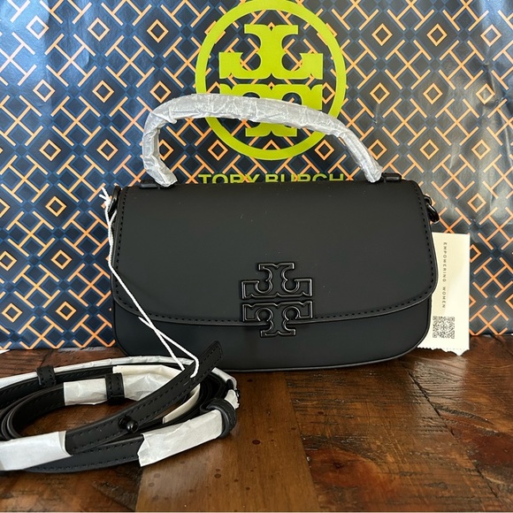 Tory Burch Handbags - Tory Burch Britten Matte Mini Top Handle Crossbody Bag Black Silver